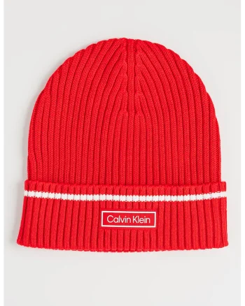 Caciula striata din amestec de bumbac organic cu aplicatie logo, Rosu vermillion