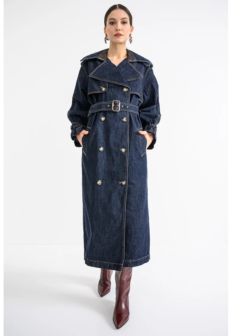 Trenci din denim cu doua randuri de nasturi, Albastru inchis