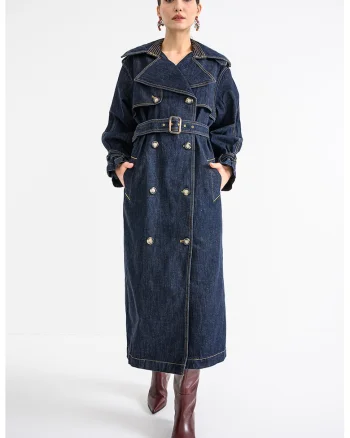 Trenci din denim cu doua randuri de nasturi, Albastru inchis