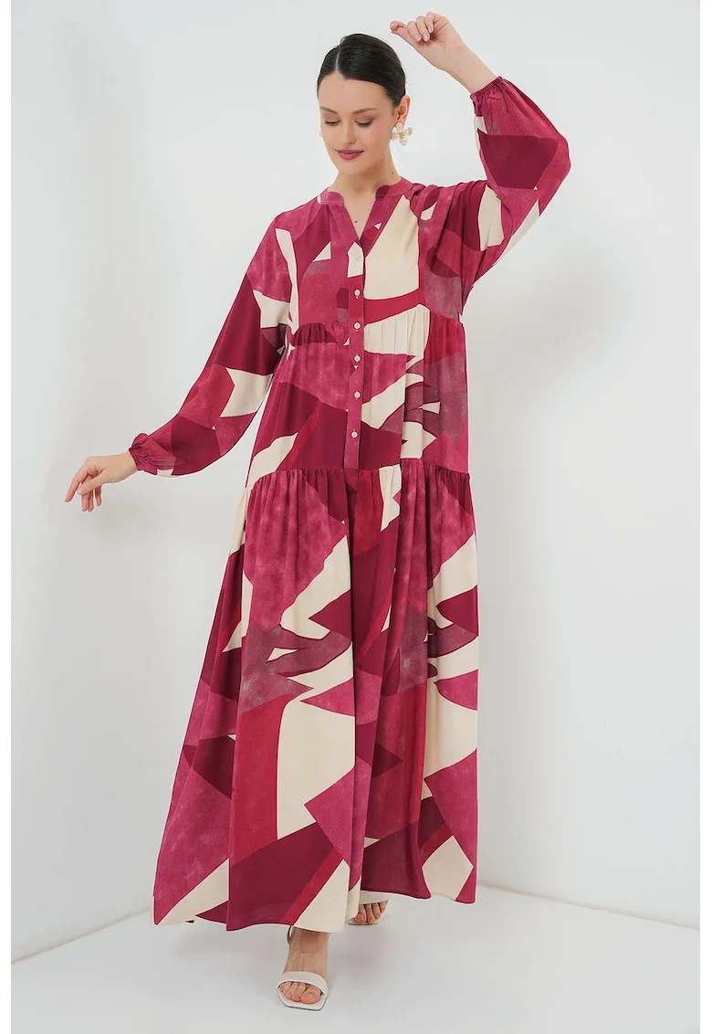 Rochie maxi dama, din viscoza, HiCCUP, cu imprimeu, decolteu in V, bordeaux/crem