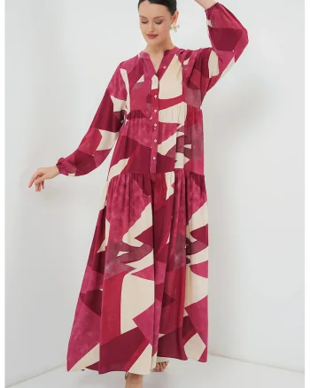 Rochie maxi dama, din viscoza, HiCCUP, cu imprimeu, decolteu in V, bordeaux/crem