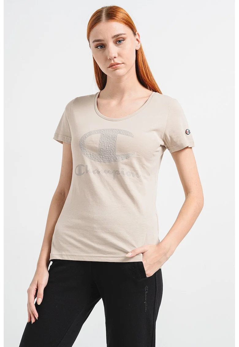 Tricou cu imprimeu logo, Maro taupe deschis