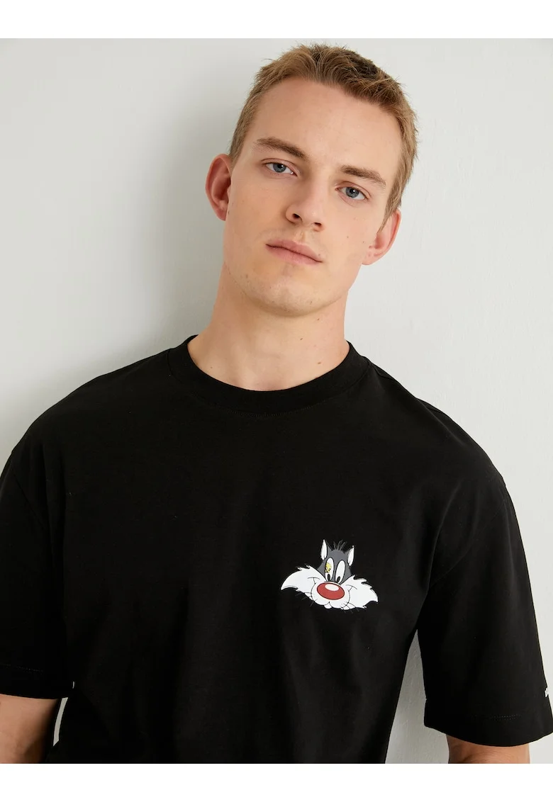 Tricou supradimensionat din bumbac cu imprimeu cu Sylvester, Negru