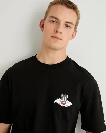 Tricou supradimensionat din bumbac cu imprimeu cu Sylvester, Negru