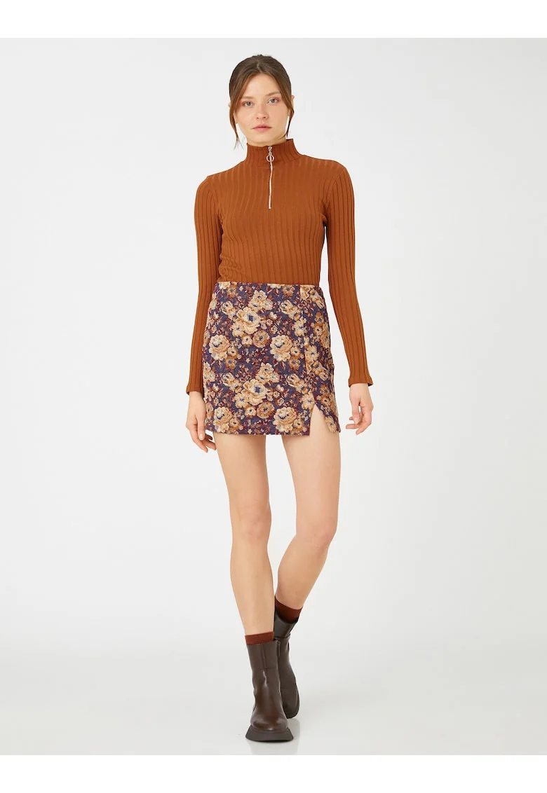Fusta cu talie inalta si model floral, Albastru