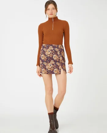 Fusta cu talie inalta si model floral, Albastru