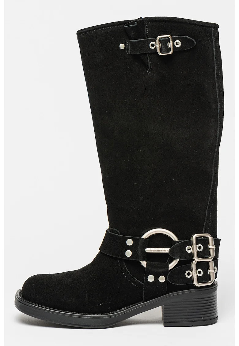 Cizme lungi biker din piele intoarsa, Negru