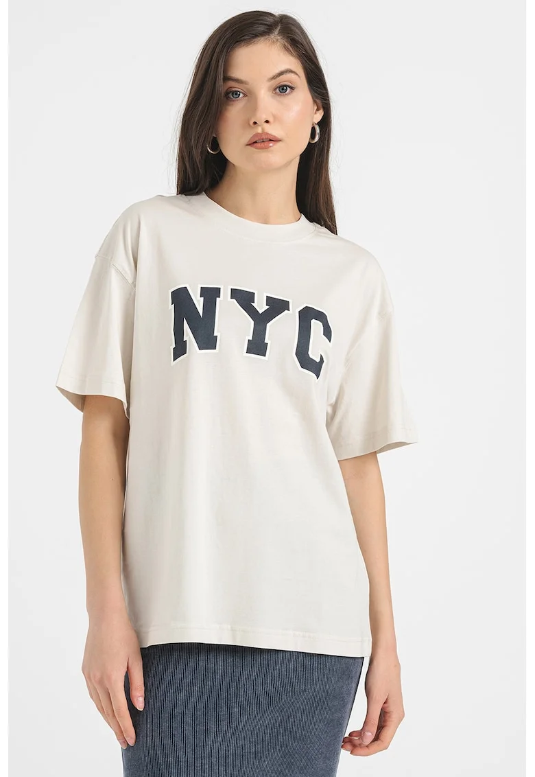 Tricou lejer cu imprimeu text, Negru/Grej