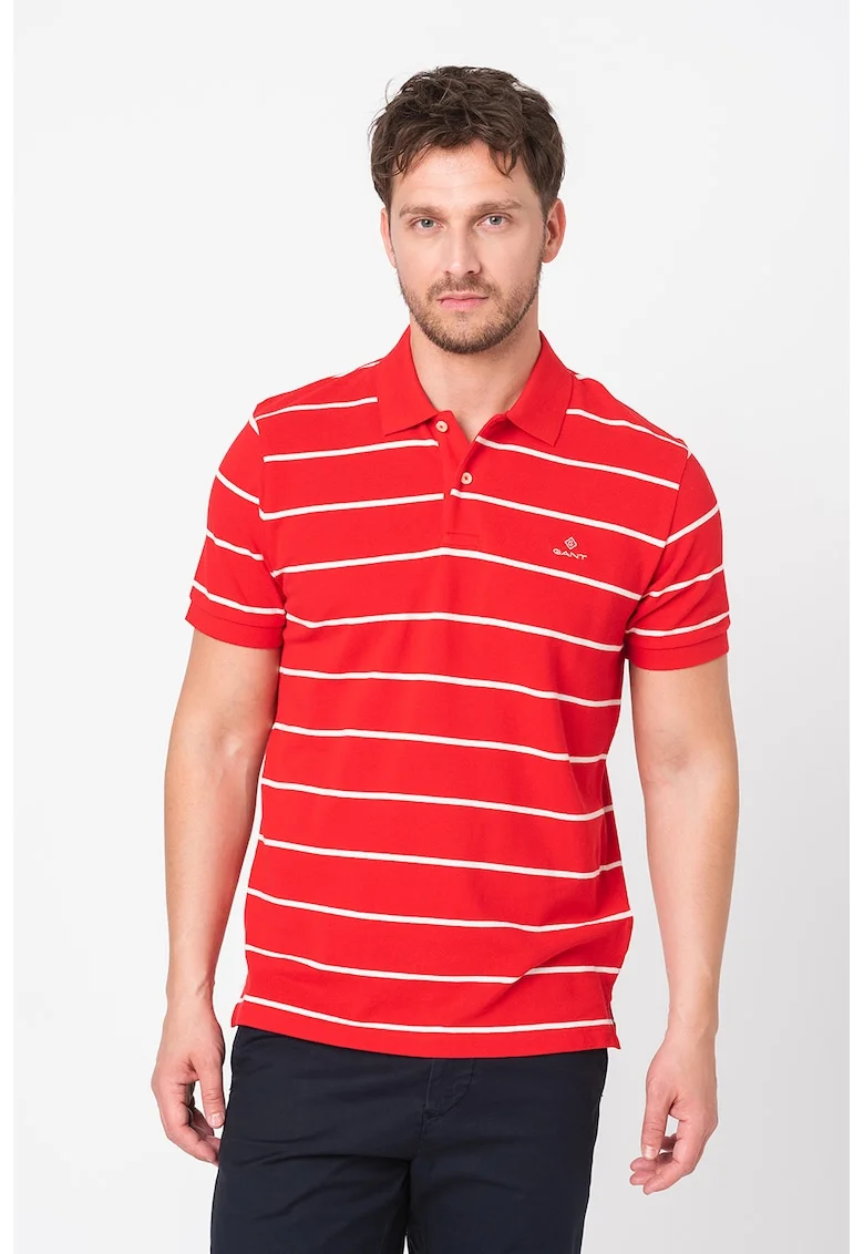 Tricou polo din material pique cu model in dungi Breton, Rosu/Alb