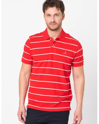 Tricou polo din material pique cu model in dungi Breton, Rosu/Alb