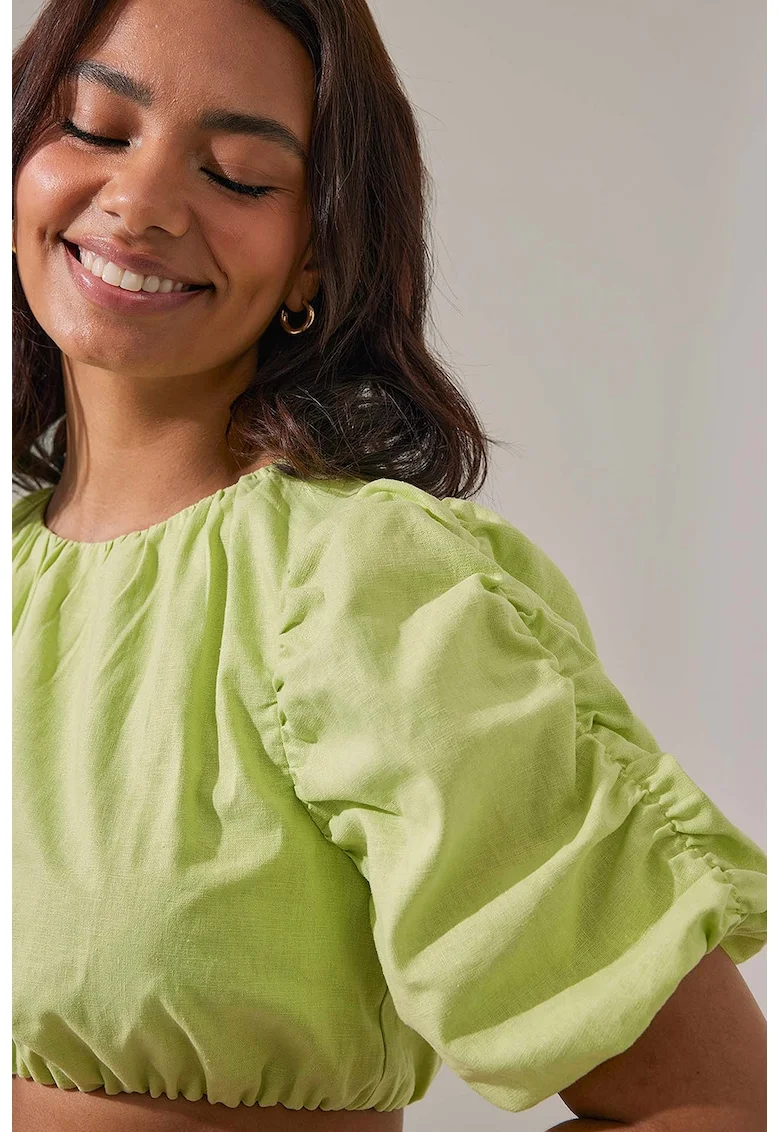 Bluza crop din amestec de in, Verde lime