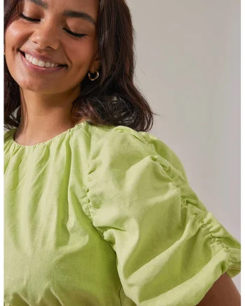 Bluza crop din amestec de in, Verde lime