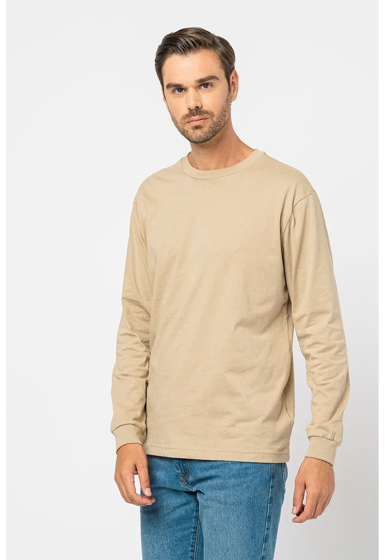 Bluza de bumbac organic cu decolteu la baza gatului, Kaki