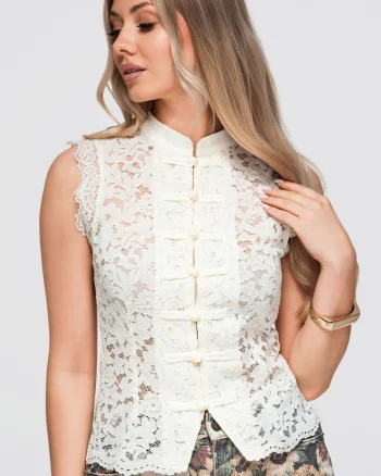 Bluza dama fara maneci, croi ajustat, dantelata OW-TS-E0059, Crem, M/L