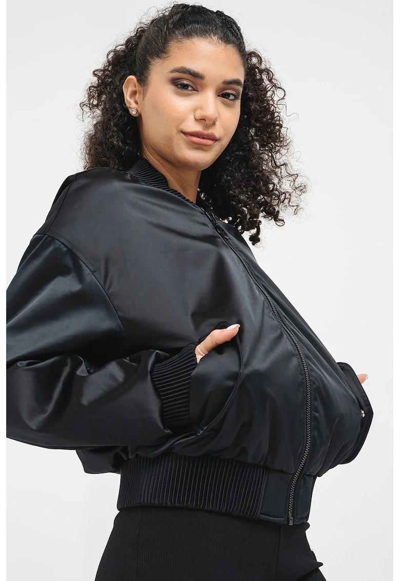 Jacheta bomber cu aspect de satin, Negru