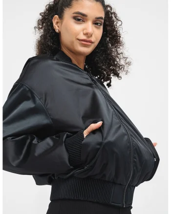 Jacheta bomber cu aspect de satin, Negru