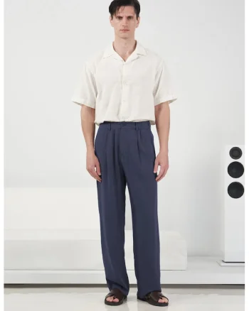 Pantaloni barbati,  plisati, talie modal - 654987, Bleumarin