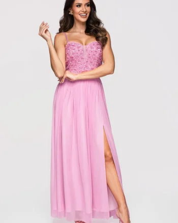 Rochie maxi eleganta de seara cu guler tip corset si aplicatii LA-OM-DLR339, Roz,