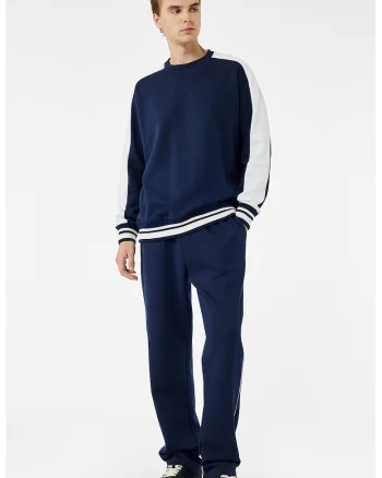 Pantaloni de trening cu insertii contrastante, Bleumarin