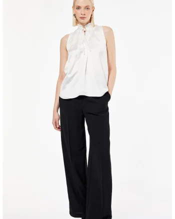 Top de satin cu guler cu volane, Alb