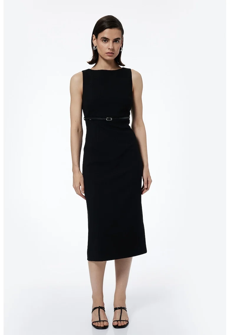 Rochie midi cambrata cu o curea subtire, Negru