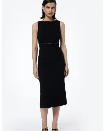 Rochie midi cambrata cu o curea subtire, Negru