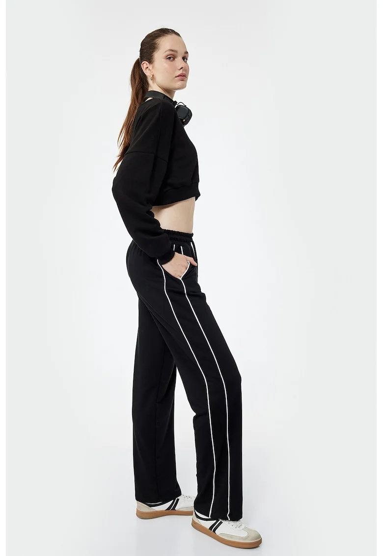 Pantaloni de trening drepti cu dungi contrastante, Negru