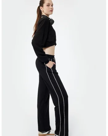 Pantaloni de trening drepti cu dungi contrastante, Negru