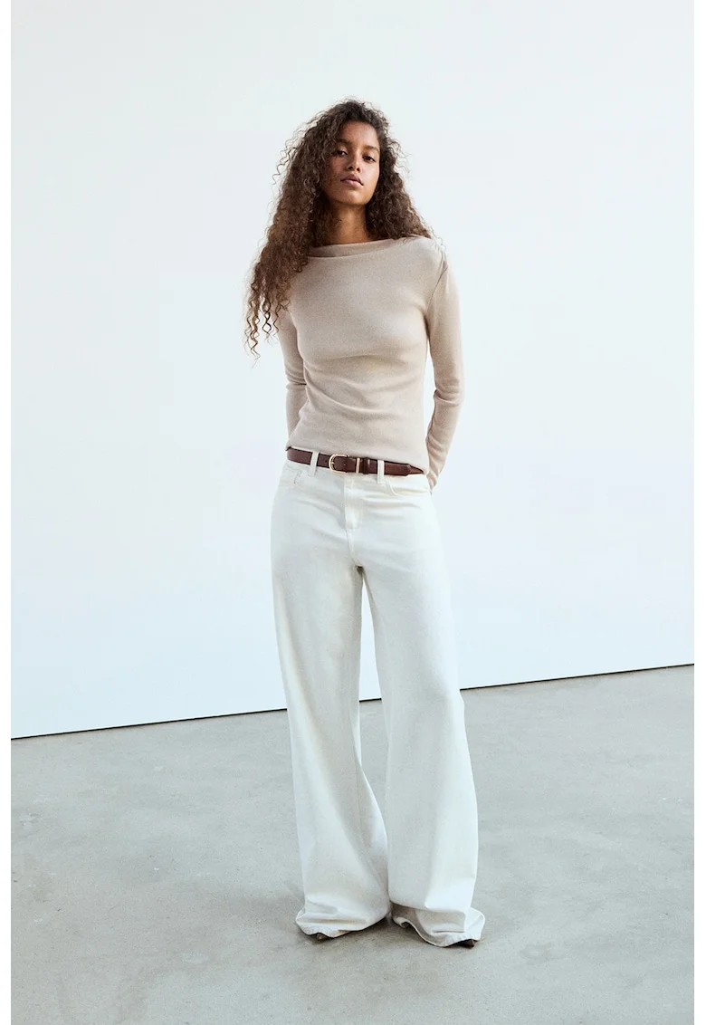 Bluza slim fit cu decolteu la baza gatului, Bej sampanie