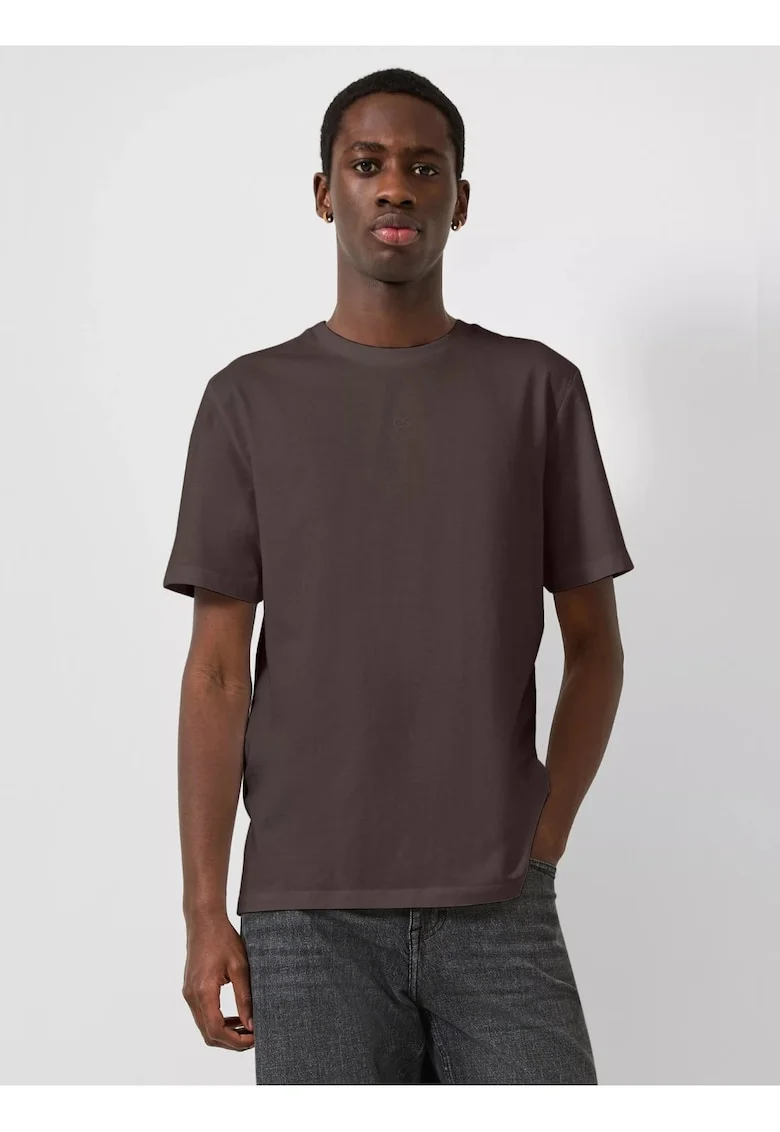 Tricou cu decolteu la baza gatului si logo discret, Maro inchis