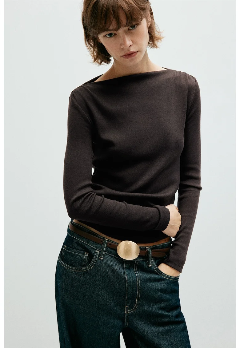 Bluza slim fit cu decolteu la baza gatului, Maro inchis