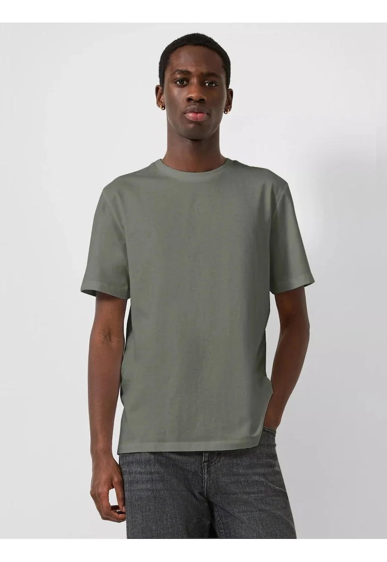 Tricou cu decolteu la baza gatului si logo discret, Verde masliniu