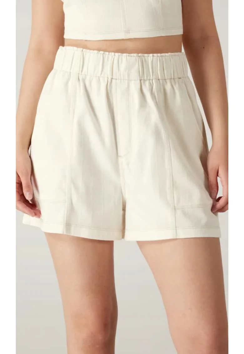 Pantaloni scurti dama,  talie inalta, elastic, alb, bumbac