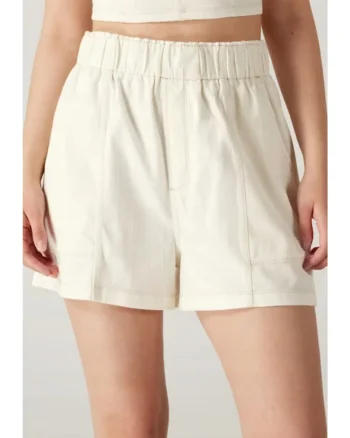 Pantaloni scurti dama,  talie inalta, elastic, alb, bumbac