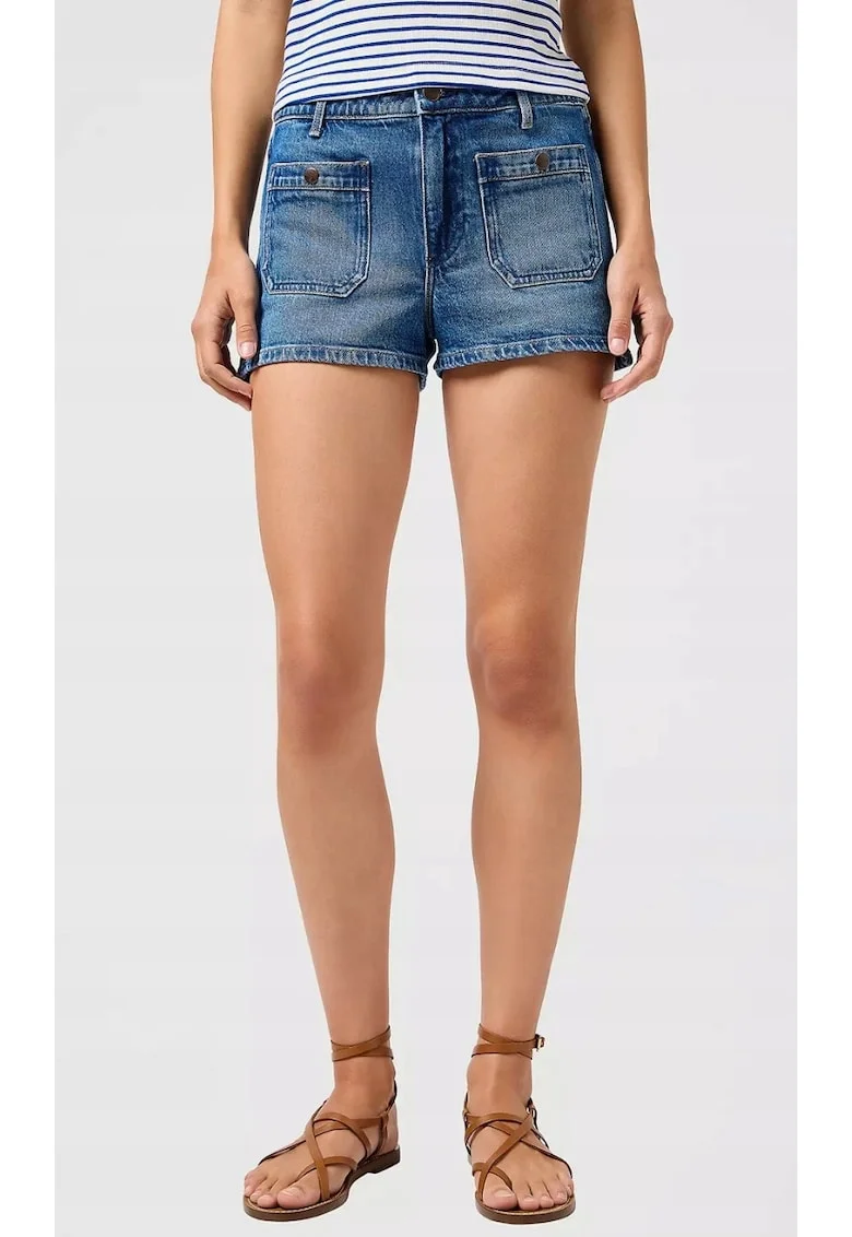 Pantaloni scurti dama,  talie inalta, fermoar, albastru, bumbac