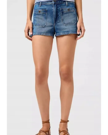 Pantaloni scurti dama,  talie inalta, fermoar, albastru, bumbac