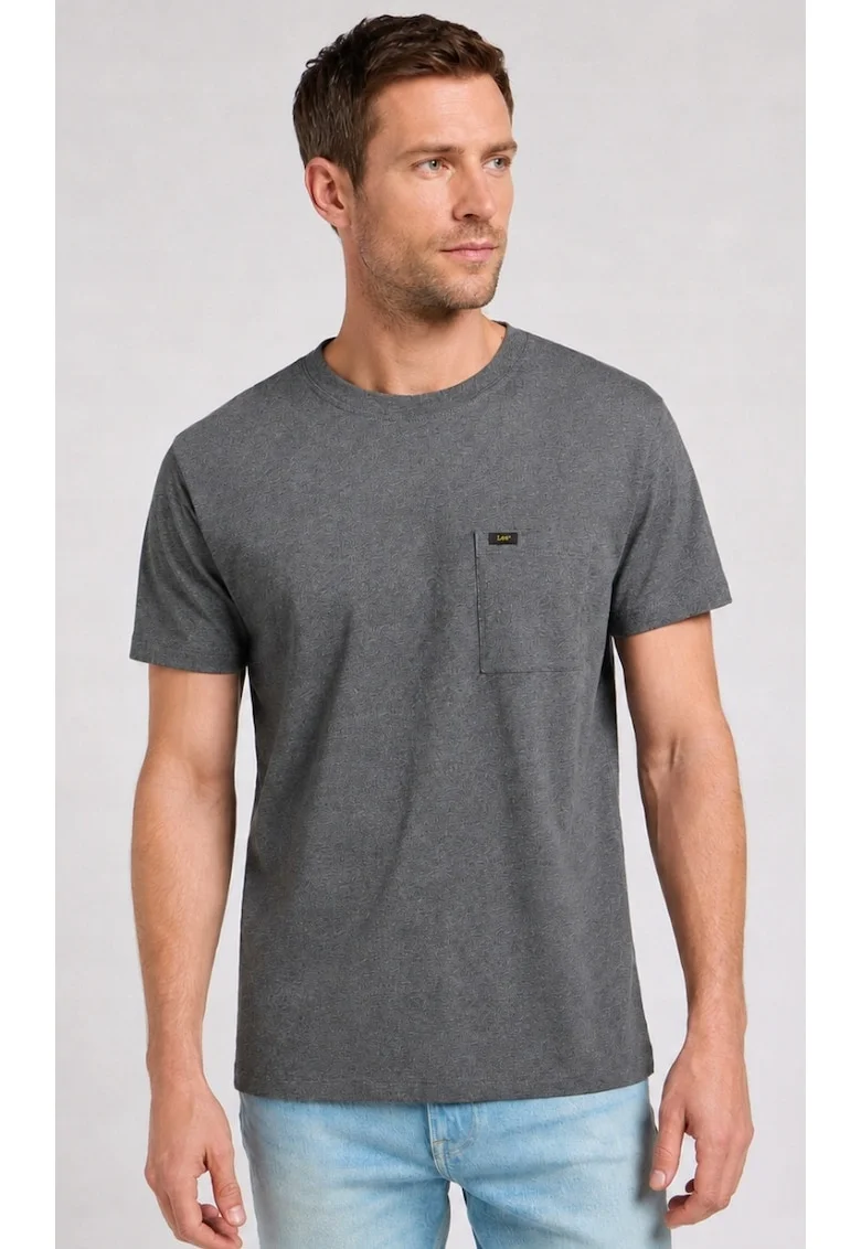 Tricou barbati  ajustat, gri, bumbac, cu buzunar