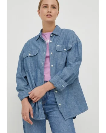 Camasa dama  Frontier, supradimensionata, albastra, din denim, cu maneca scurta, fermoar si nasturi.