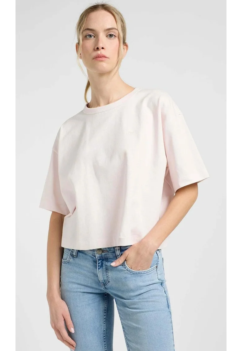 Tricou dama,  cropped boxy, maneca scurta, bumbac, alb