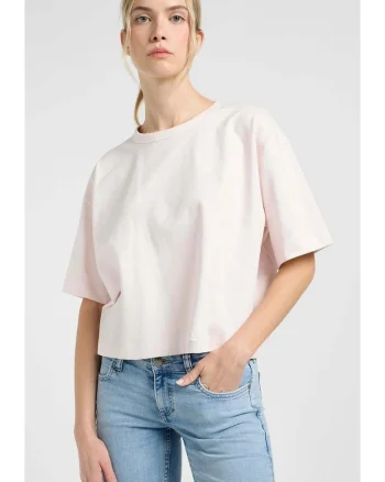 Tricou dama,  cropped boxy, maneca scurta, bumbac, alb