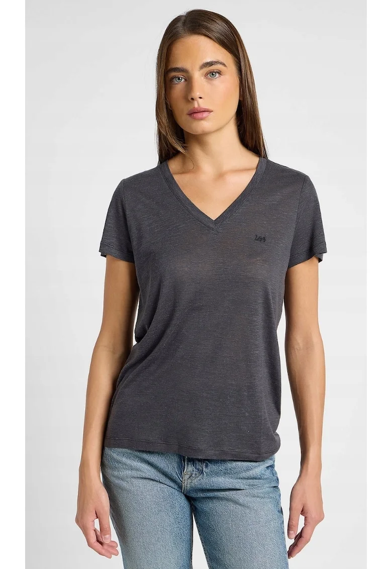 Tricou dama,  decolteu in V, broderie logo, negru, bumbac