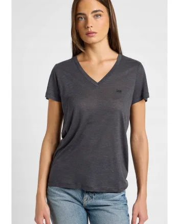 Tricou dama,  decolteu in V, broderie logo, negru, bumbac