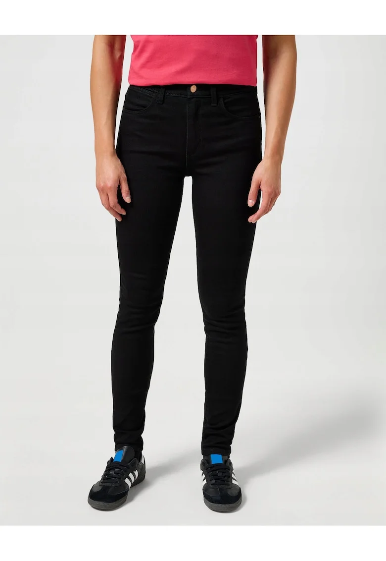 Blugi Dama,  High Skinny, Skinny Fit, Talie Inalta, 5 Buzunare, Fermoar, Lungi, Bumbac, Negru, Negru