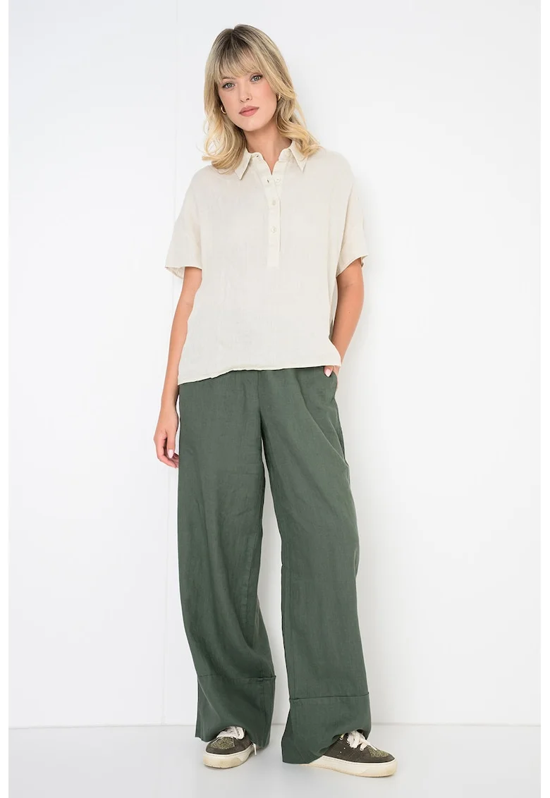 Pantaloni lejeri din in cu snur in talie, Verde stins