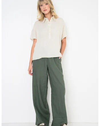 Pantaloni lejeri din in cu snur in talie, Verde stins