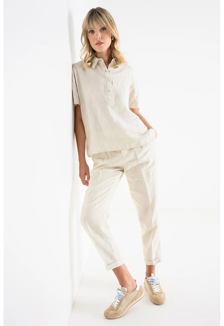 Pantaloni crop din in cu buzunare, Bej