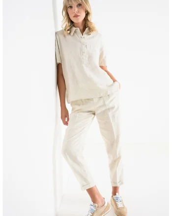 Pantaloni crop din in cu buzunare, Bej