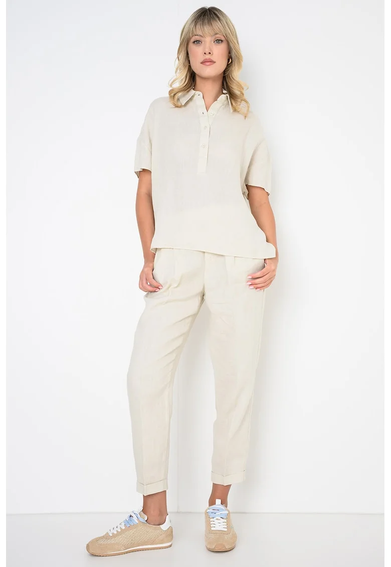 Bluza din in cu maneci scurte, Bej inchis