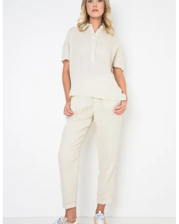 Bluza din in cu maneci scurte, Bej inchis