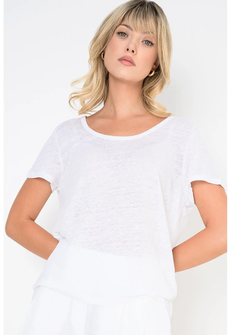 Tricou din in cu decolteu rotund, Alb